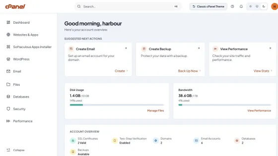 cPanel account a reseller hosting client gets, showing disk usage, bandwidth, email accounts, databases and SSL