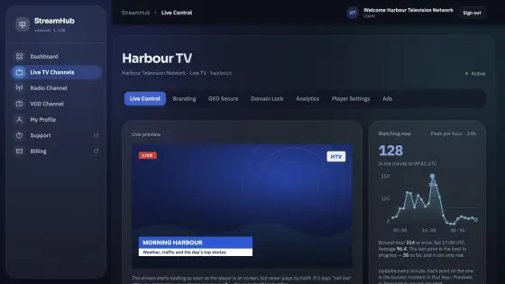 StreamHub live TV channel page: the channel's live preview, viewers watching now, and tabs for branding, GEO Secure, Domain Lock, analytics, player settings and ads