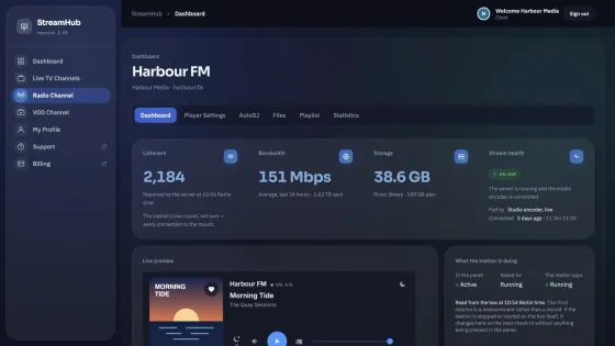 StreamHub radio station dashboard showing live listeners, bandwidth, AutoDJ storage, stream health and the station's live player