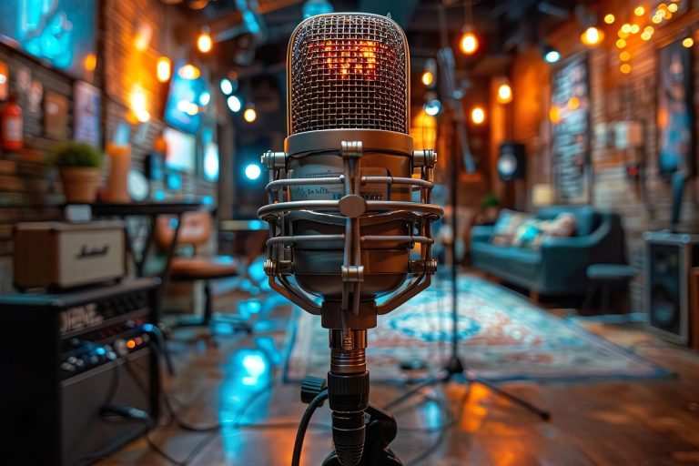 Broadcaster using a microphone to stream live internet radio powered by Comcities Shoutcast hosting