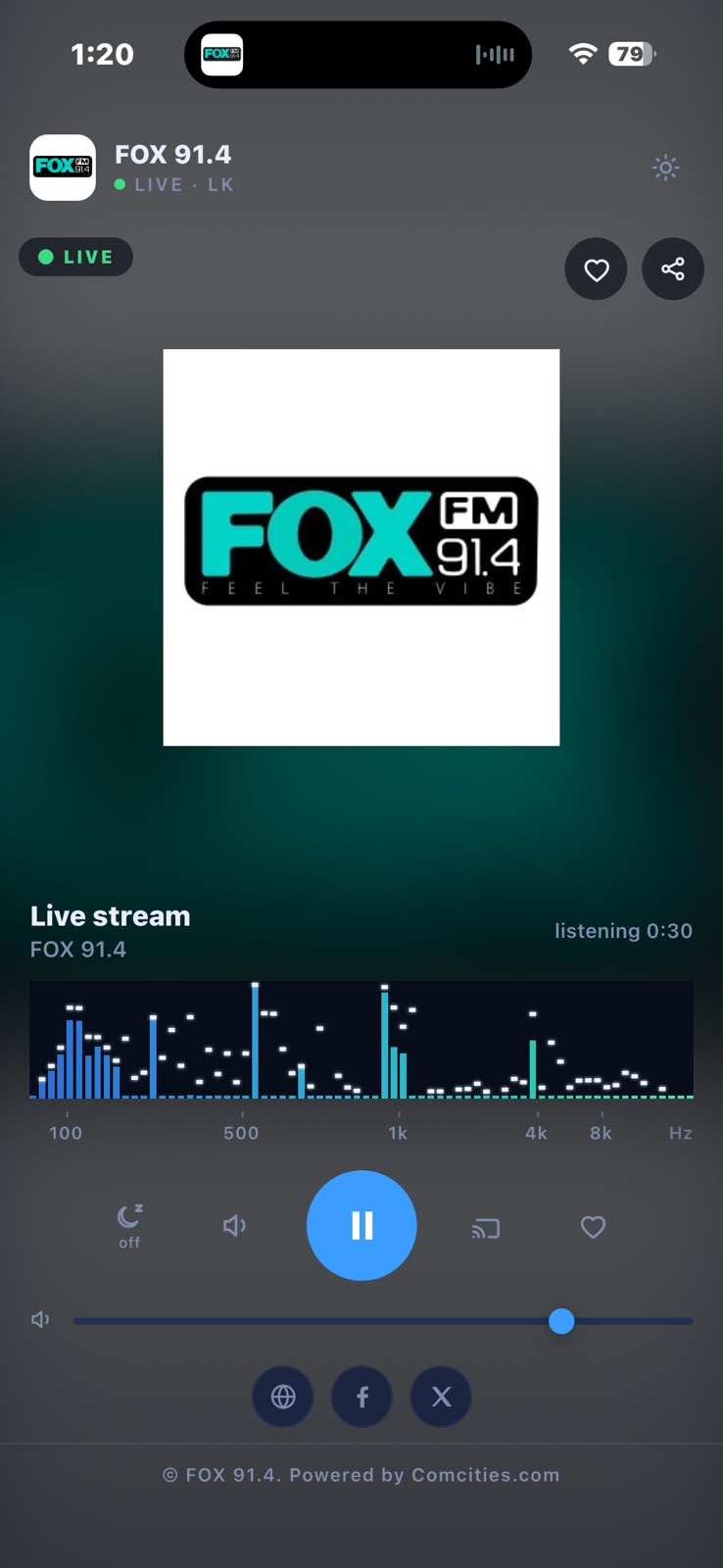 HTML5 web radio player on a mobile phone screen with play button and song metadata